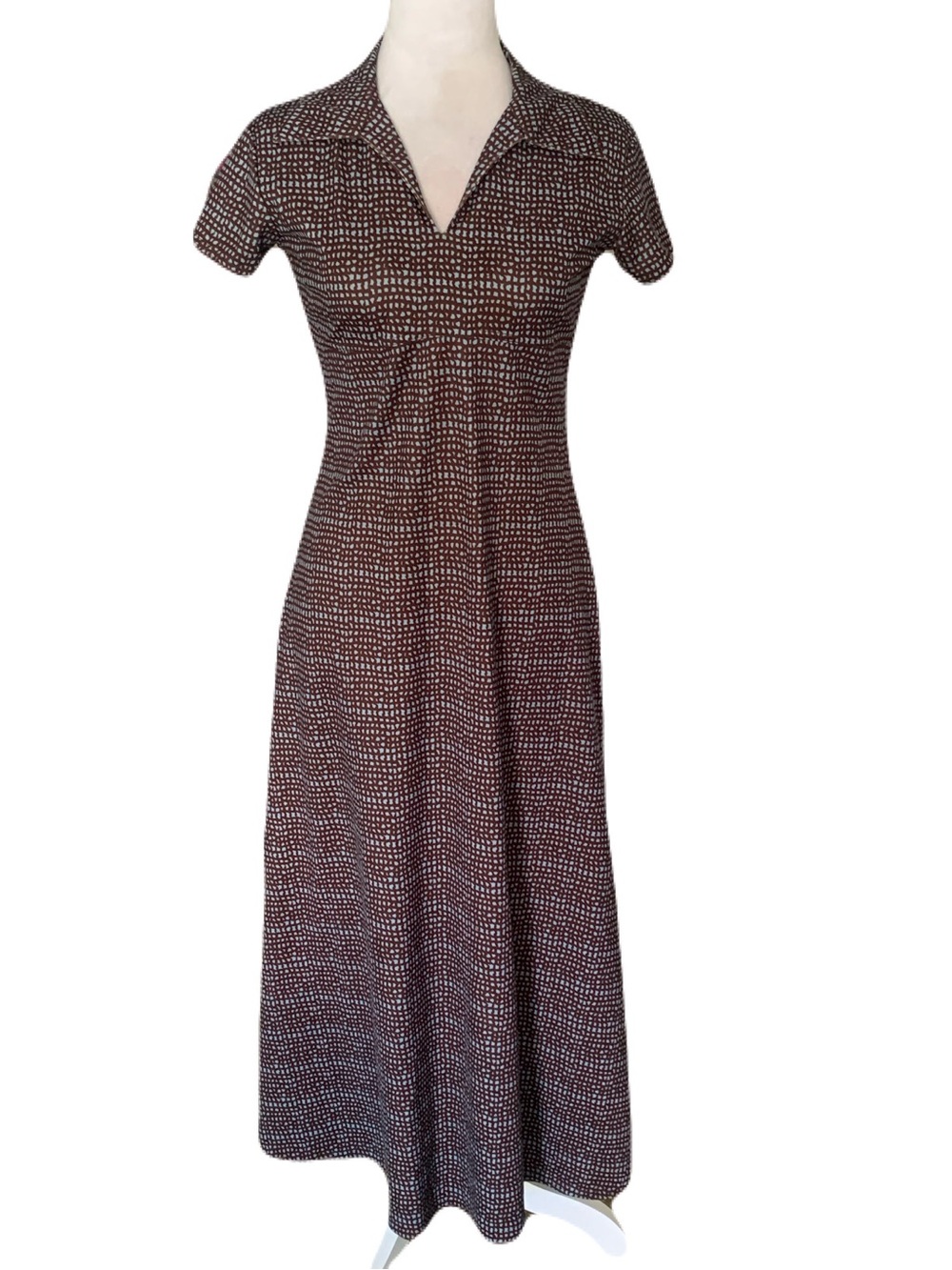 NEW Vintage Y2K 90s Brown Turquoise Short-Sleeve Collared Abstract Dot Dress